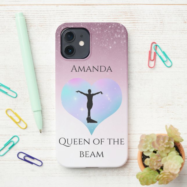 Pink Queen Of The Beam Gymnastics Personalised iPhone Case (On Desk)