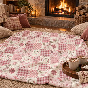 Pink Quilt Patchwork Gingham Cottagecore Floral Fleece Blanket