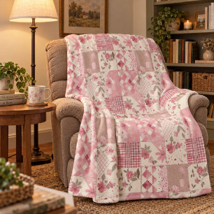 Pink Quilt Patchwork Gingham Cottagecore Floral Fleece Blanket