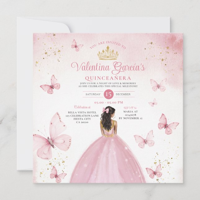 Pink Quinceañera 15 Anos Flowers Gold Glitter Invi Invitation (Front)