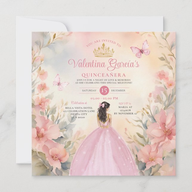 Pink Quinceañera 15 Anos Flowers Gold Glitter Invitation (Front)