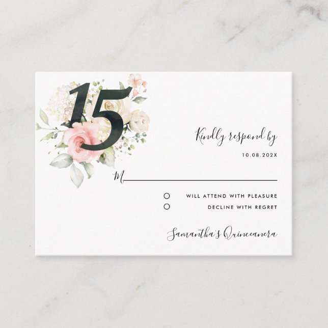Pink Quinceanera 15th Birthday Floral RSVP Enclosure Card (Front)