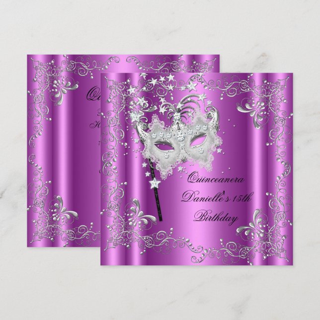 Pink Quinceanera 15th Birthday Party Masquerade Invitation (Front/Back)