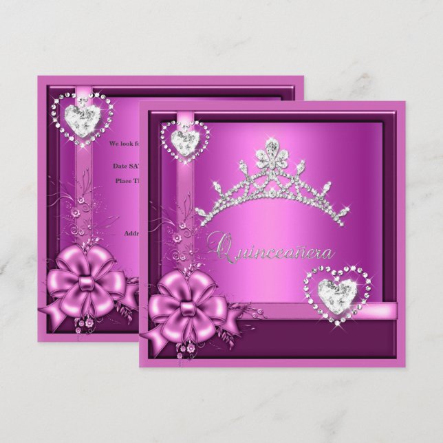 Pink Quinceanera 15th Birthday Party Silver Invitation (Front/Back)
