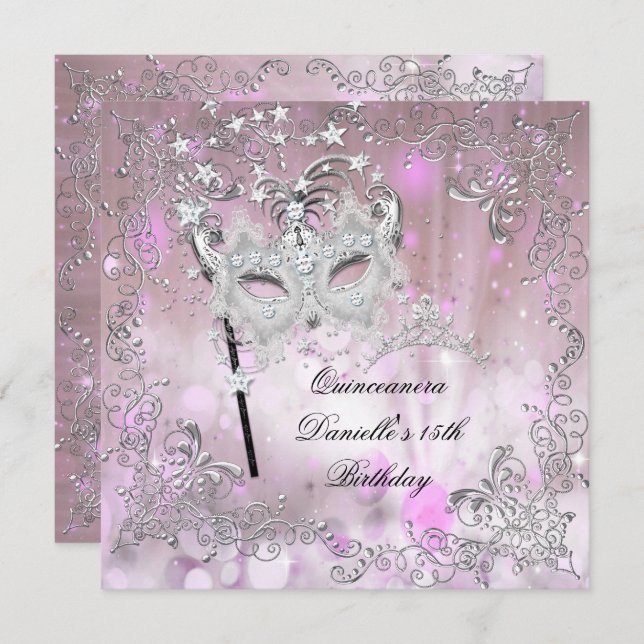 Pink Quinceanera 15th Birthday Tiara Masquerade Invitation (Front/Back)