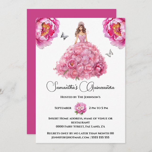 Pink Quinceañera ballgown peony floral flowers Invitation (Front/Back)