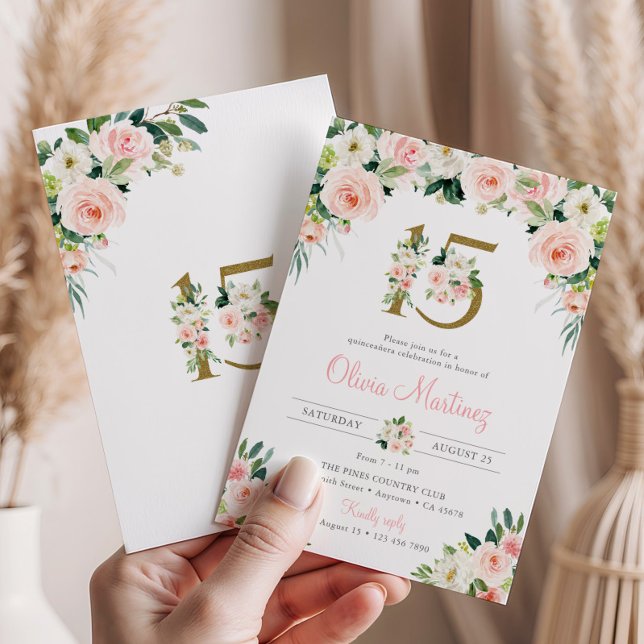 Pink Quinceañera Birthday Invitation Blush Floral  (Creator Uploaded)