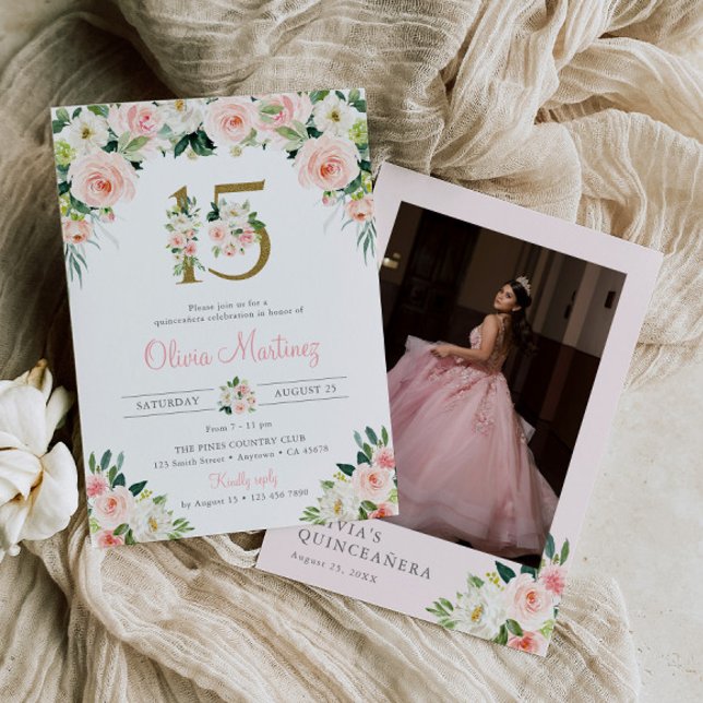 Pink Quinceañera Birthday Invitation Photo Floral (Creator Uploaded)