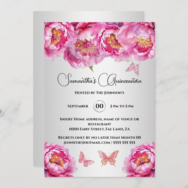 Pink Quinceañera butterfly peony floral flowers Invitation (Front/Back)