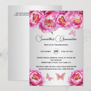 Pink Quinceañera butterfly peony floral flowers Invitation