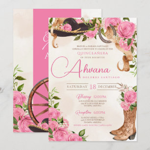 Pink Quinceañera Charro Western Rose Floral Invitation