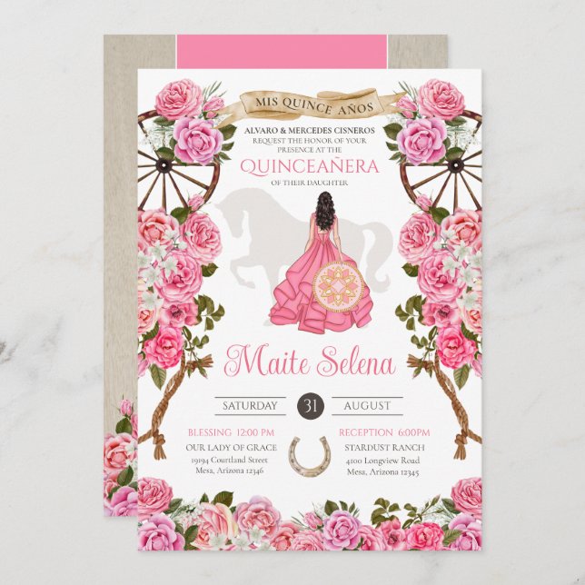 Pink Quinceanera Elegant Rose Charro Birthday Invitation (Front/Back)