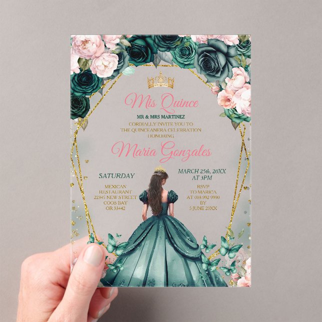 Pink Quinceañera Emerald Green Gold Crown Floral Acrylic Invitations (Insitu (Handheld))