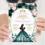 Pink Quinceañera Emerald Green Gold Crown Floral Invitation<br><div class="desc">Pink Quinceañera Emerald Green Gold Crown Floral Invitation
Mis Quince Anos,  15th Birthday,  
Elegant floral mis quince, </div>