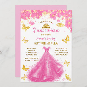 Pink Quinceanera Floral Princess Dress & Tiara Invitation