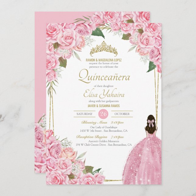 Pink Quinceanera Floral Rose Quince Elegant Gown Invitation (Front/Back)