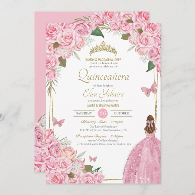 Pink Quinceanera Floral Rose Quince Gown Butterfly Invitation (Front/Back)