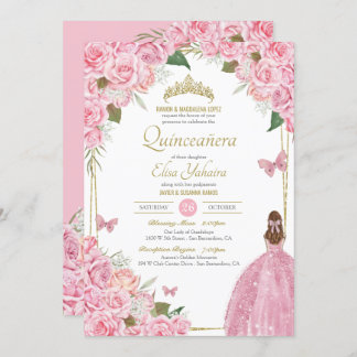 Pink Quinceanera Floral Rose Quince Gown Butterfly Invitation