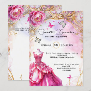 Pink Quinceañera peony ballgown flowers elegant Invitation