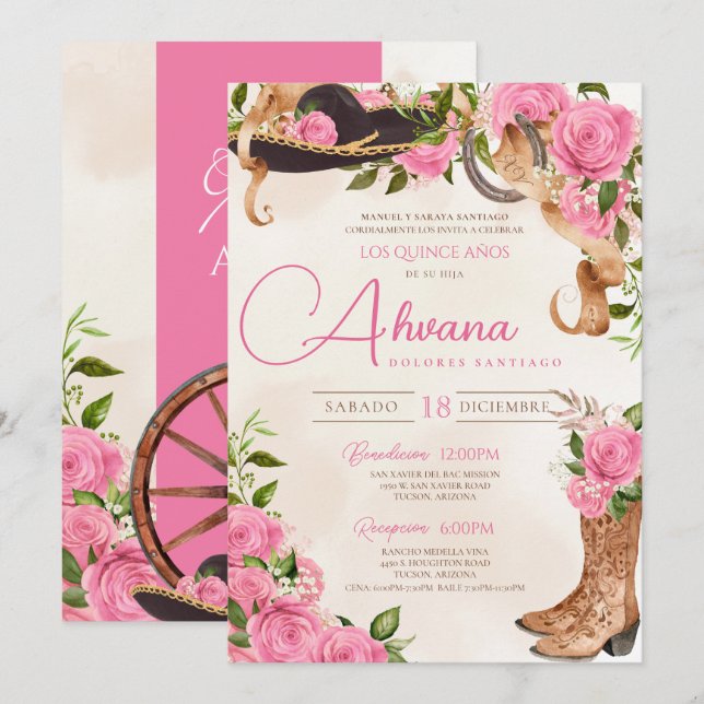 Pink Quinceanera Roses Vintage Charro Western Invitation (Front/Back)