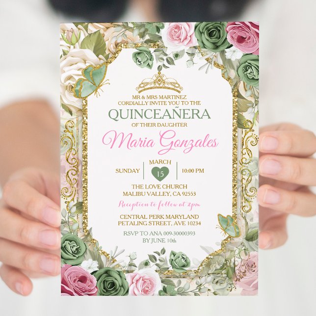 Pink Quinceañera Sage Green Gold Crown Butterfly Invitation (Creator Uploaded)