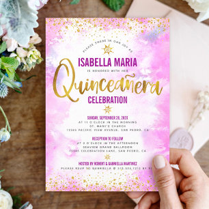 Pink Quinceañera Watercolor Gold Foil Elegant Chic Invitation