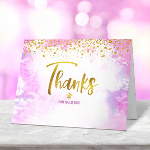 Pink Quinceañera Watercolor Gold Glitter Elegant Thank You Card