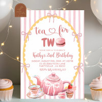 Pink Quirky Illustration Tea for Two 2nd Birthday