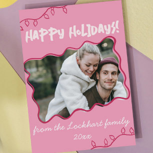 Pink Quirky Wavy Border Hand Drawn Photo  Holiday Card