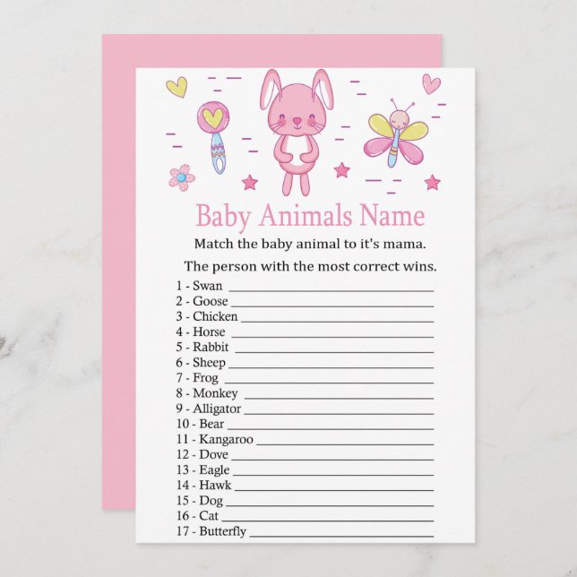 Pink Rabbit Baby Animals Name Game Invitation (Front/Back)