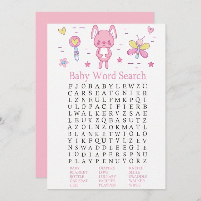 Pink Rabbit Baby Shower Word Search Game Invitation (Front/Back)