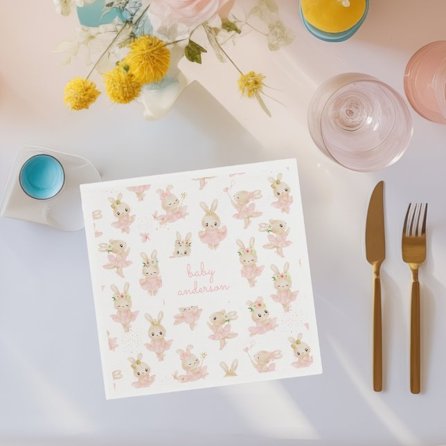 Pink Rabbit Ballerina Tutu Baby Shower Napkin (custom baby shower napkins with watercolor rabbit ballerina illustrations)
