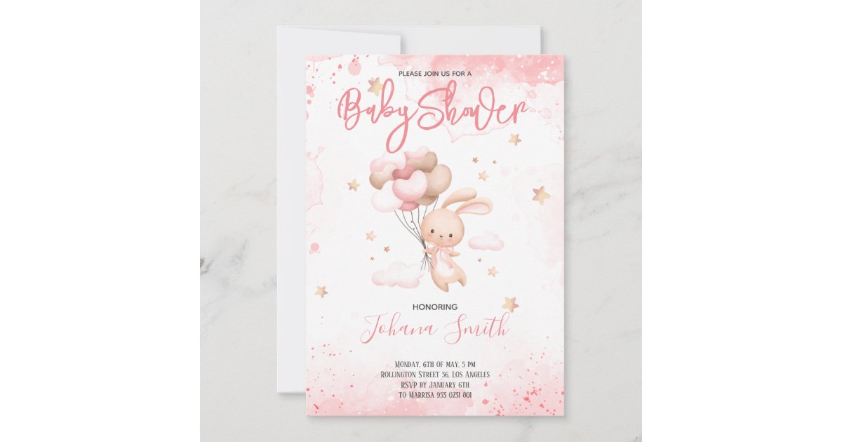 Pink Rabbit Balloon Baby Shower Invitation | Zazzle