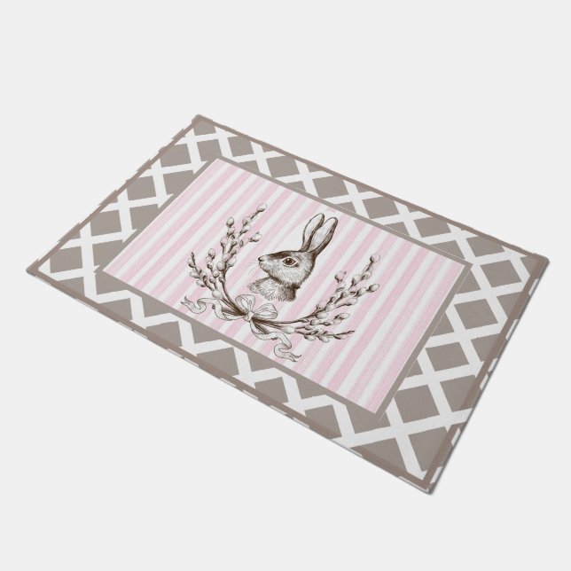 Pink Rabbit Bunny  Watercolor French Country  Doormat (Angled)