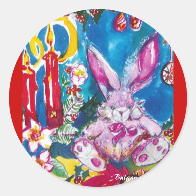 PINK RABBIT,CHRISTMAS CANDLES AND HOLLYBERRIES CLASSIC ROUND STICKER (Front)