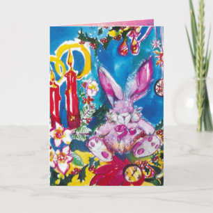 PINK RABBIT,CHRISTMAS CANDLES AND HOLLYBERRIES HOLIDAY CARD