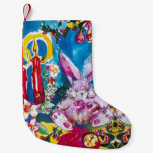 PINK RABBIT,CHRISTMAS CANDLES AND HOLLYBERRIES SMALL CHRISTMAS STOCKING