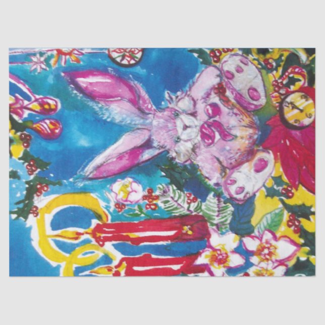 PINK RABBIT,CHRISTMAS CANDLES AND HOLLYBERRIES TISSUE PAPER (Front)
