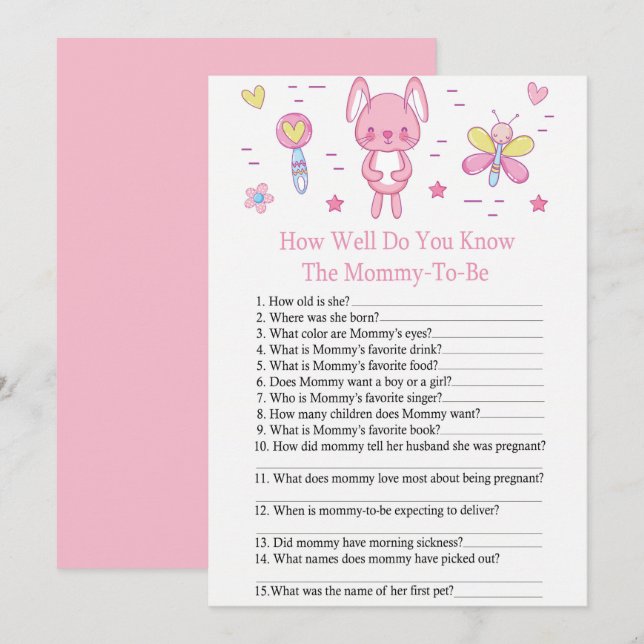Pink Rabbit HOW WELL DO YOU KNOW baby shower game Invitation (Front/Back)