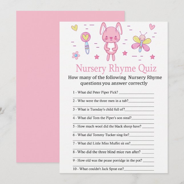 Pink Rabbit Nursery Rhyme Quiz baby shower game Invitation (Front/Back)