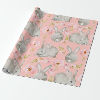 Pink. Rabbits and Flowers. Wrapping Paper
