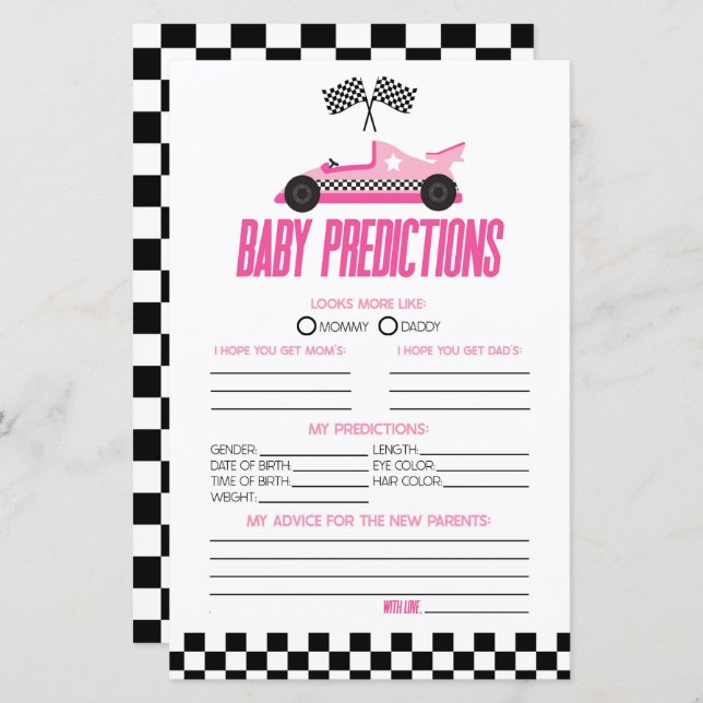 Pink Race Car Baby Shower Predictions Game (Front/Back)