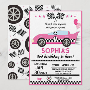 Pink Race Car Birthday Party Invitation