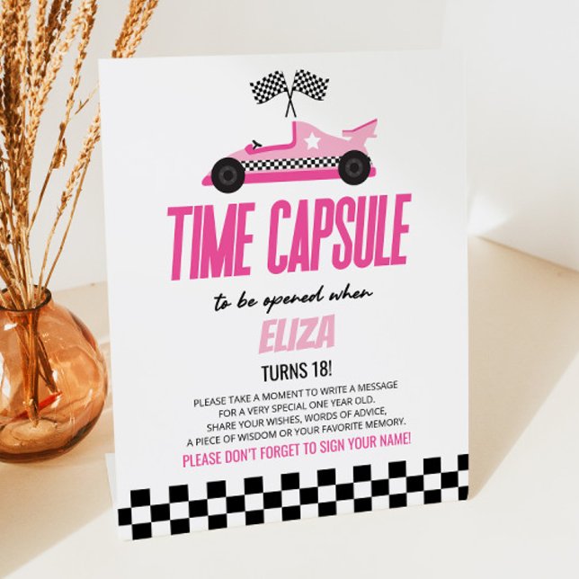 Pink Race Car Birthday Party Time Capsule Pedestal Sign (Creator Uploaded)