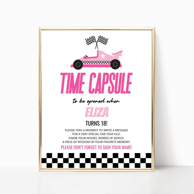 Pink Race Car Birthday Party Time Capsule Sign (Creator Uploaded)