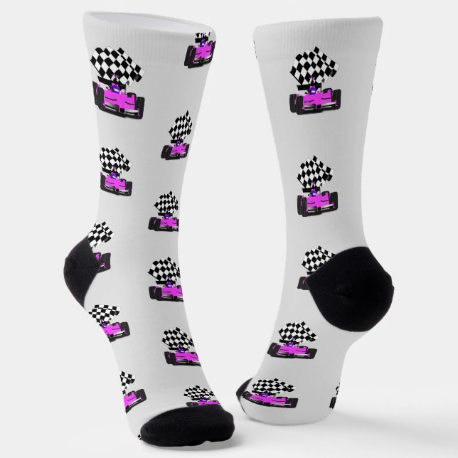 Pink Race Car - Chequered Flag Sports Socks (Angled)