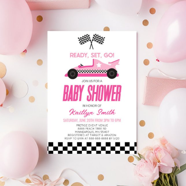 Pink Race Car Chequered Race Flag Baby Shower Invitation (Creator Uploaded)