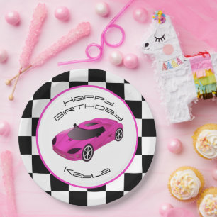 Pink Race Car   Custom Birthday Party Paper Plate