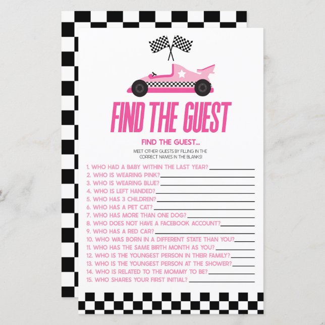 Pink Race Car Find The Guest Baby Shower Game (Front/Back)