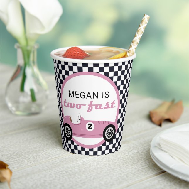 Pink Race Car Girl Racing Two Fast Birthday Party Paper Cups (Insitu)